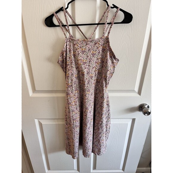Pact Pink Purple Ditsy Floral Print Fit & Flare Stretch Knit Tank Sun Dress Sz L - Picture 1 of 10